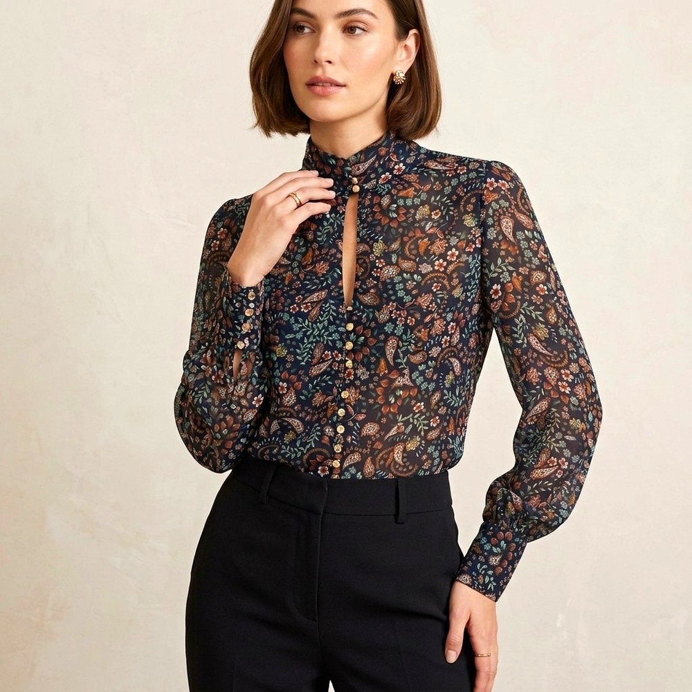 NICHOLAS Lola Silk Blouse 4 Sheer Black Paisley Floral High Mock Neck Keyhole